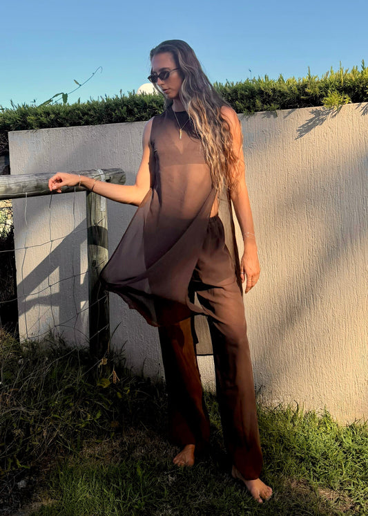 Kiana Sheer Tunic Top & Bralet | Choc