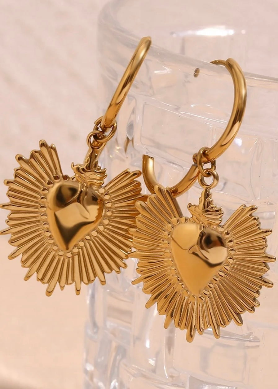 Sunburst Heart Earring non Tarnish 18k Gold plated