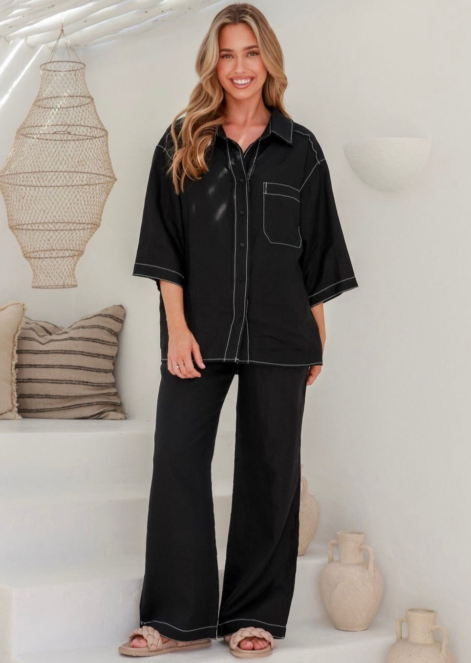 Essentials Black linen Pants w contrast stitching