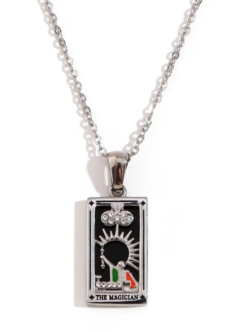 Rhodium Plated Tarot Card Necklace - The Magician