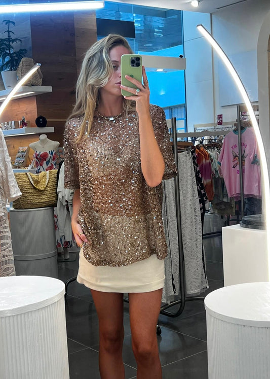 Oversized Sequin Knit Tee | Mocha