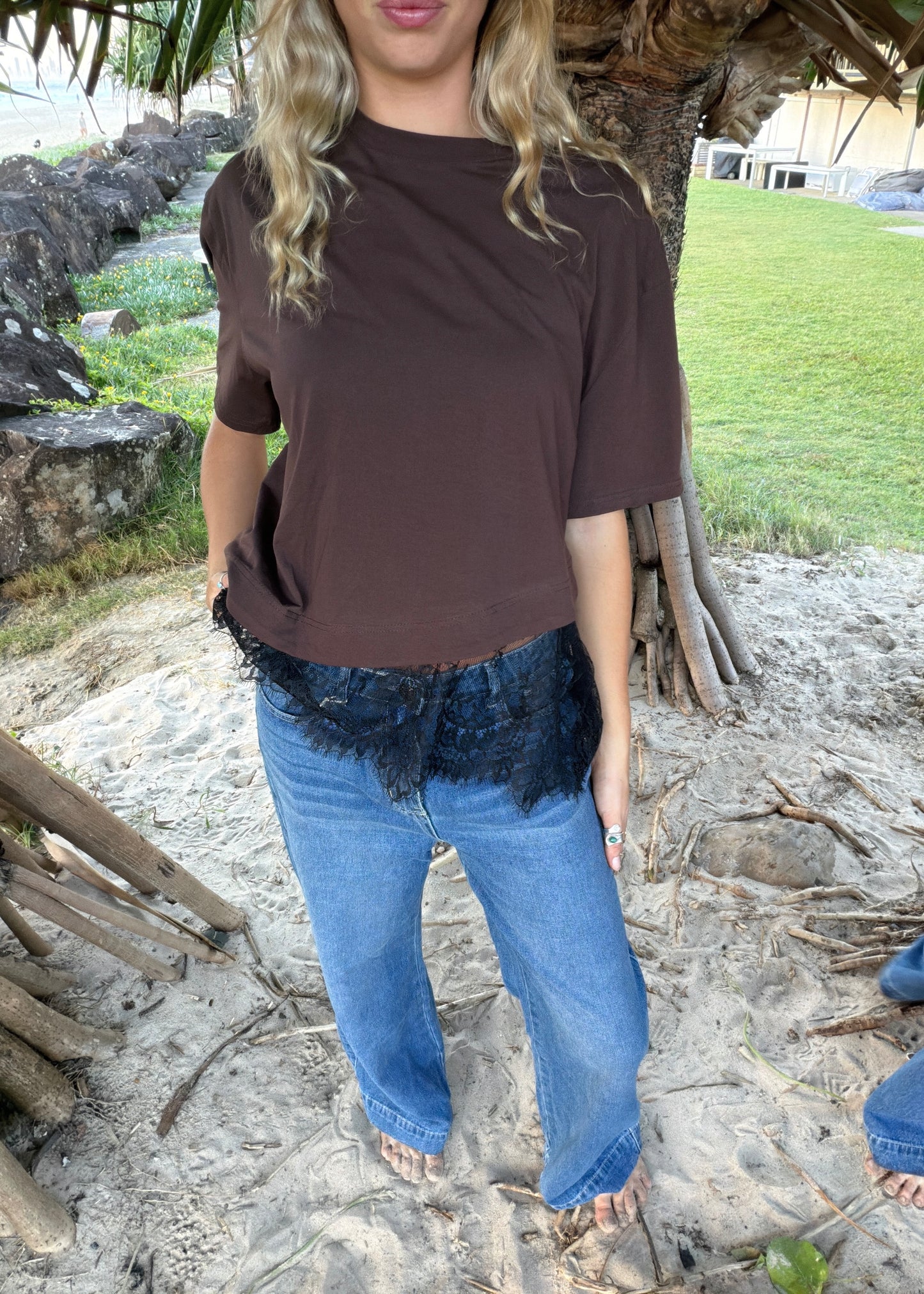 Asym Lace Tee | Choc Black