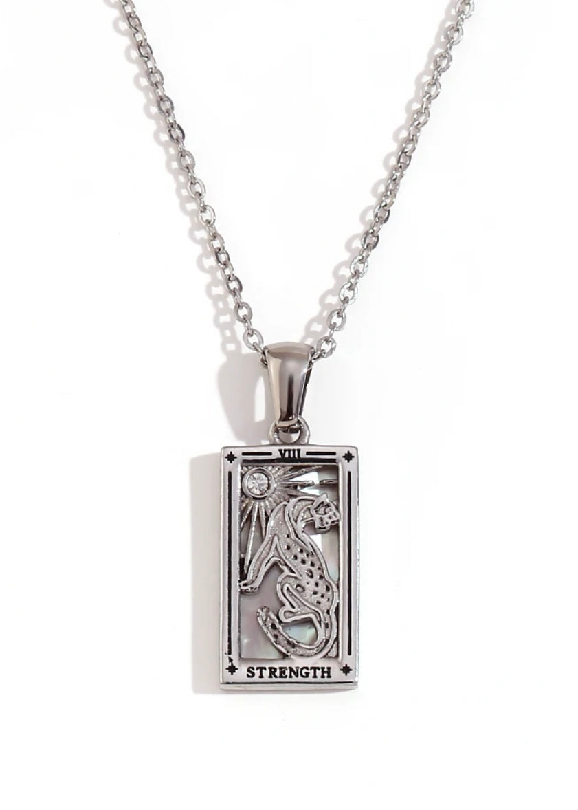 Rhodium Plated Tarot Card Necklace - Strength