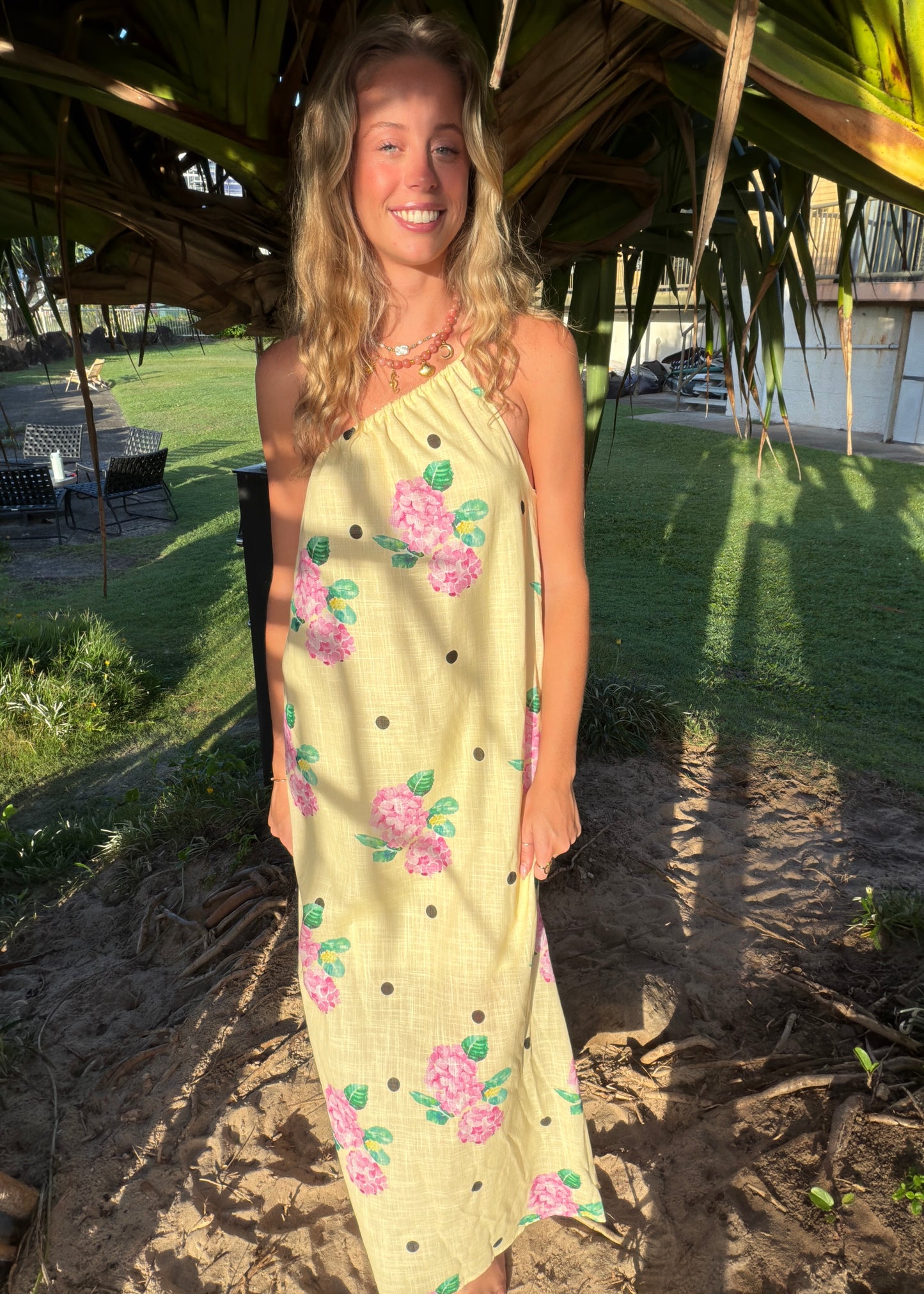Hydrangea One Shoulder Maxi | Yellow Polka
