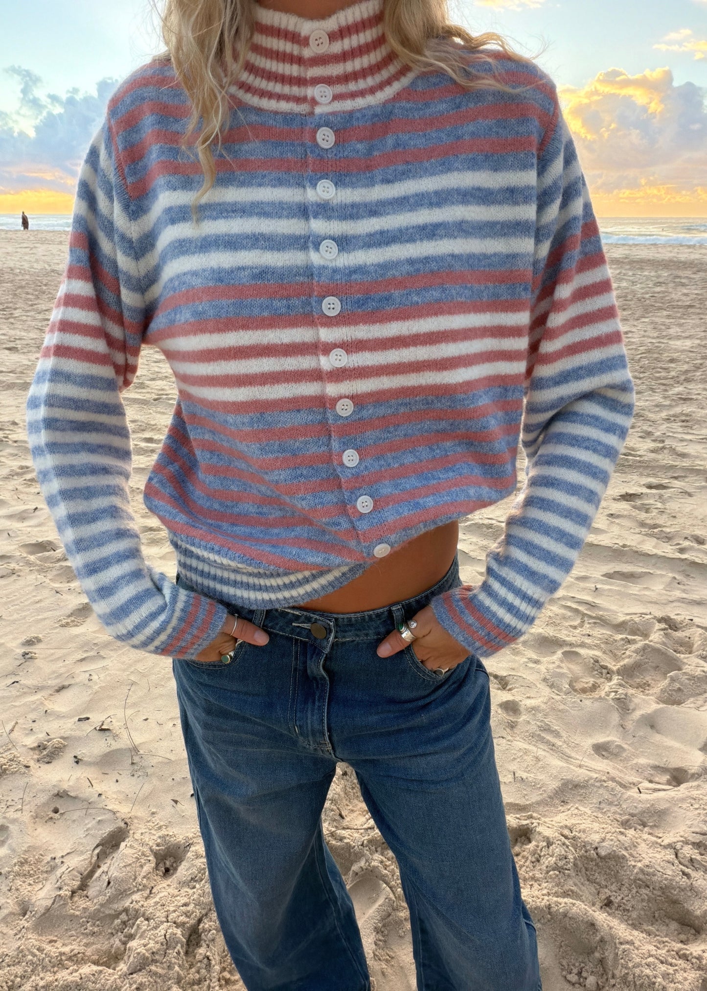 Stripe Cardi Knit | Blue Sandy Pink
