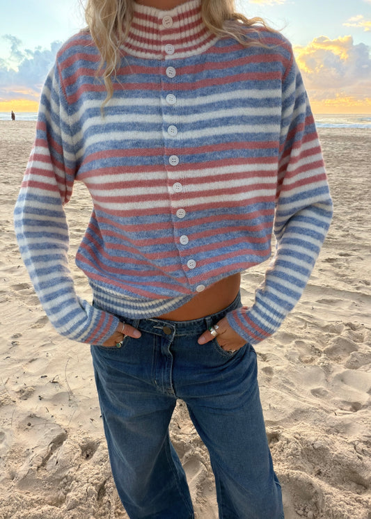 Stripe Cardi Knit | Blue Sandy Pink