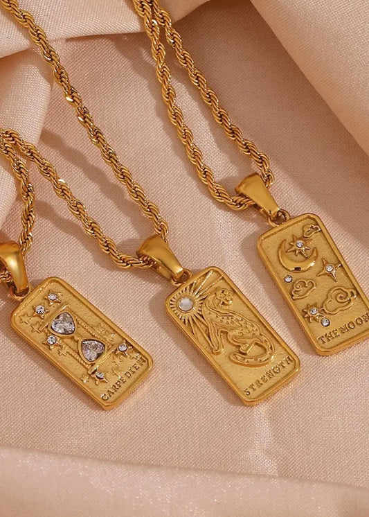 Moon - Zircon & 18K Gold Plated Tarot Card Necklace