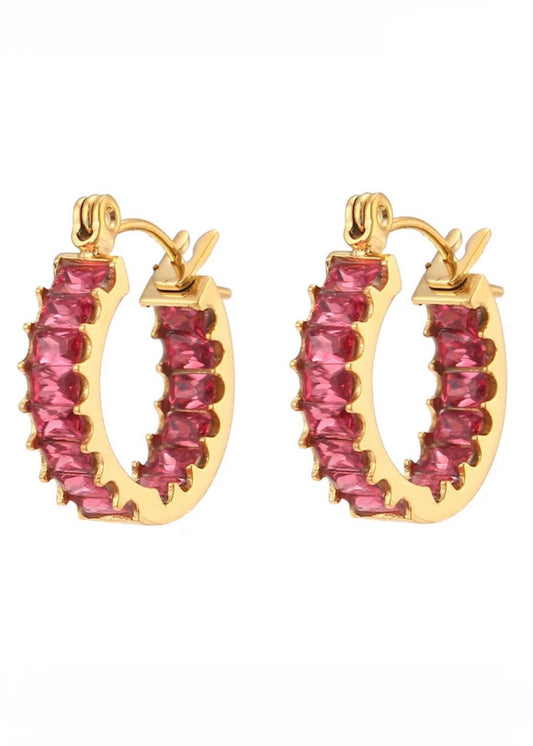 Red Baguette Gold Hoop Earring