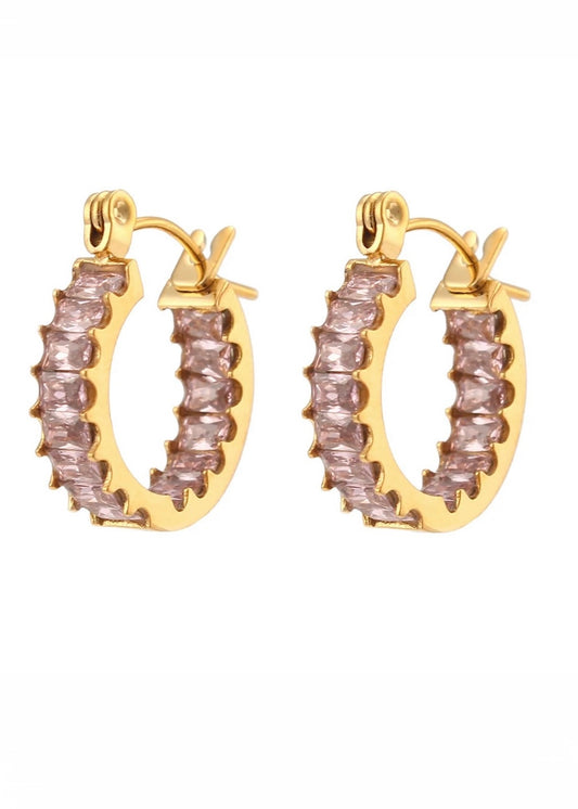 Pink Baguette Gold Hoop Earring