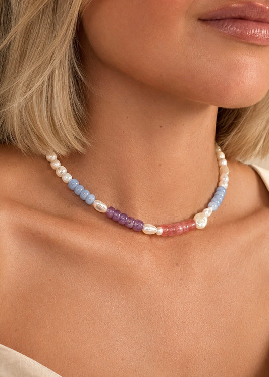 Cassis Necklace | Freshwater Pearl & Pink Natural Stone