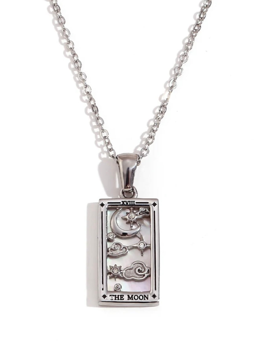 Rhodium Plated Tarot Card Necklace - The Moon