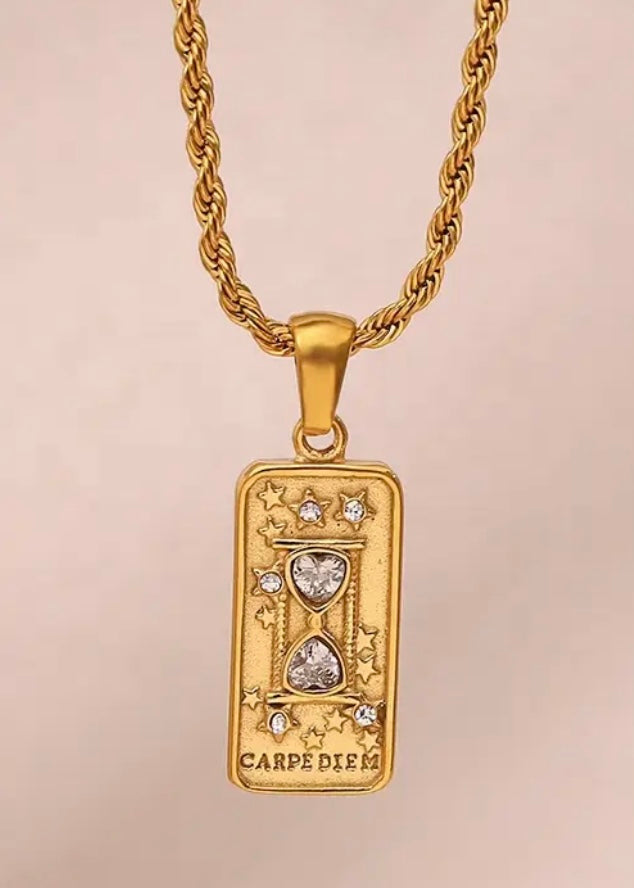 Moon - Zircon & 18K Gold Plated Tarot Card Necklace