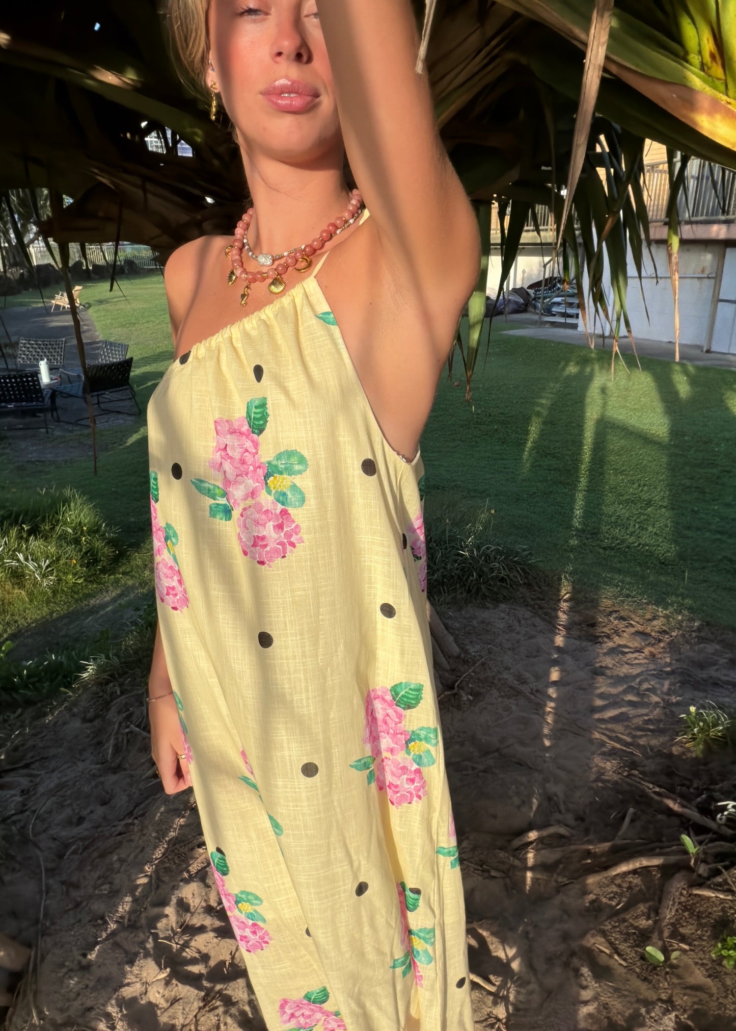 Hydrangea One Shoulder Maxi | Yellow Polka