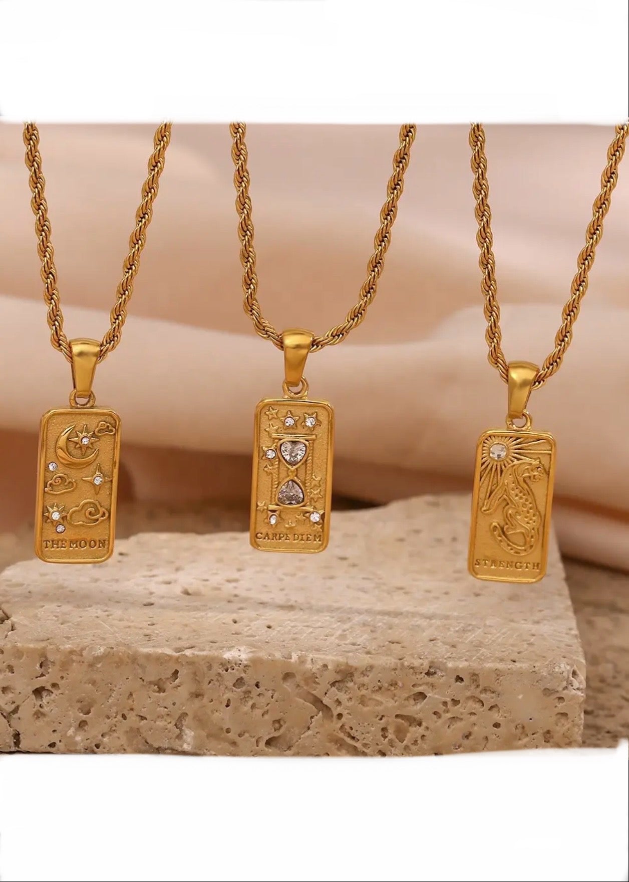 Carpe Diem - Zircon & 18K Gold Plated Tarot Card Necklace