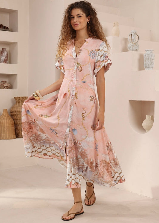 Around the World Midi Dress | Pink Print