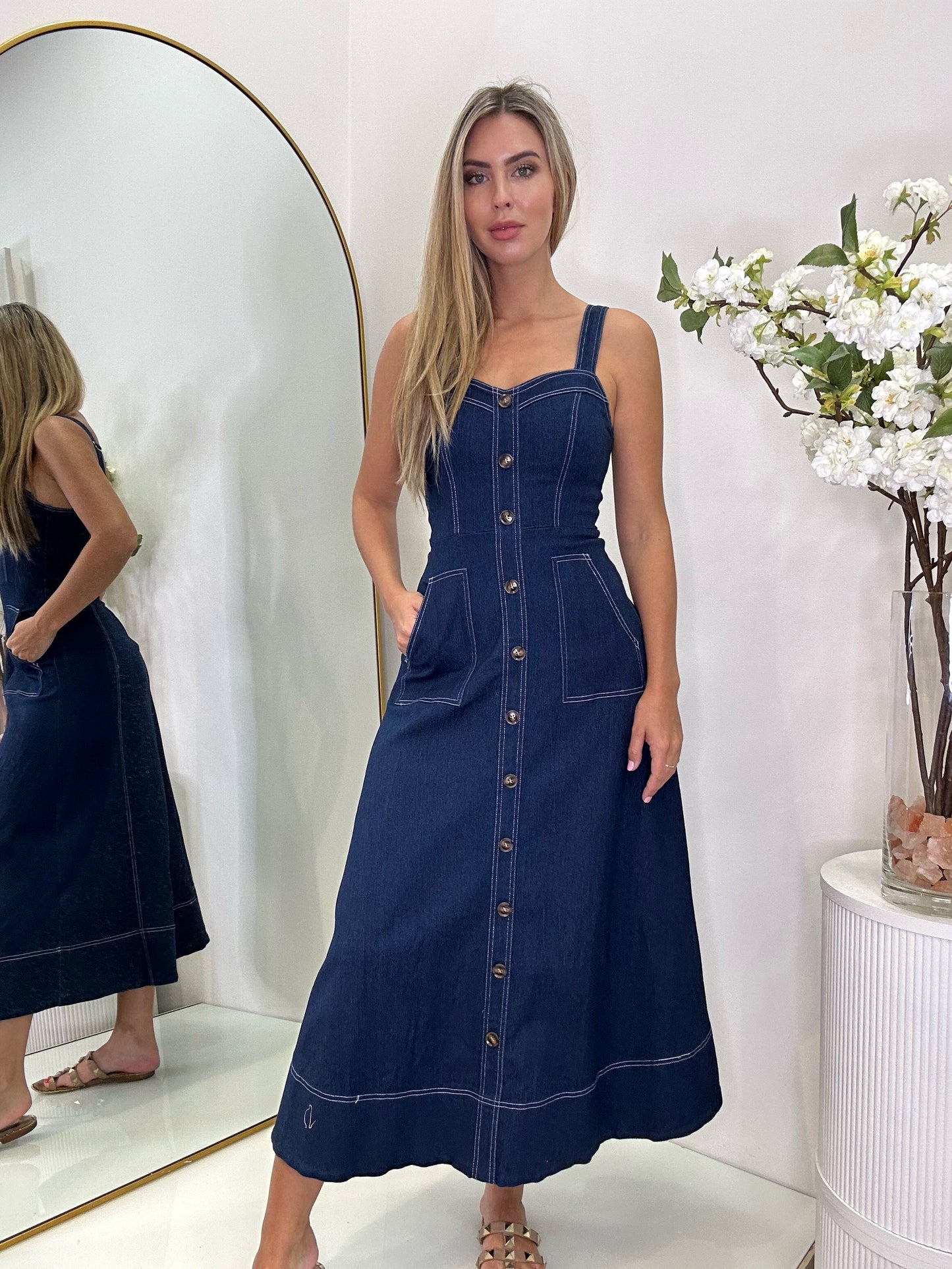 Contrast stitching dress Indigo