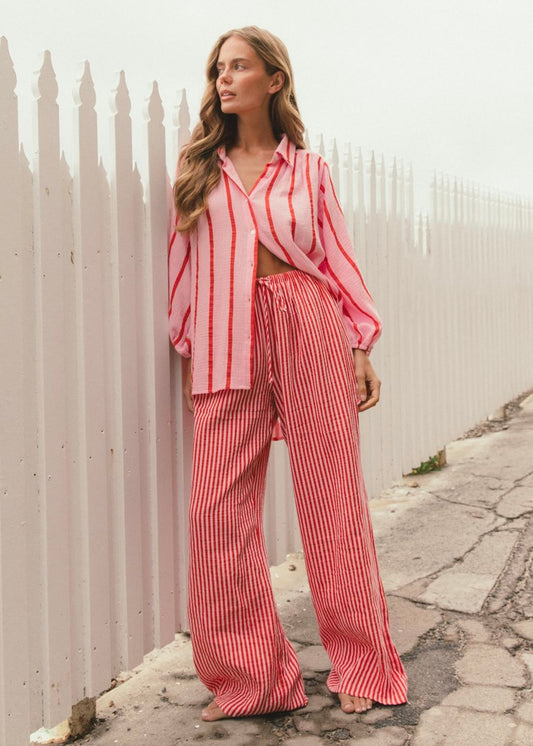 Long Crinkle Pants | Pink/Red Stripe