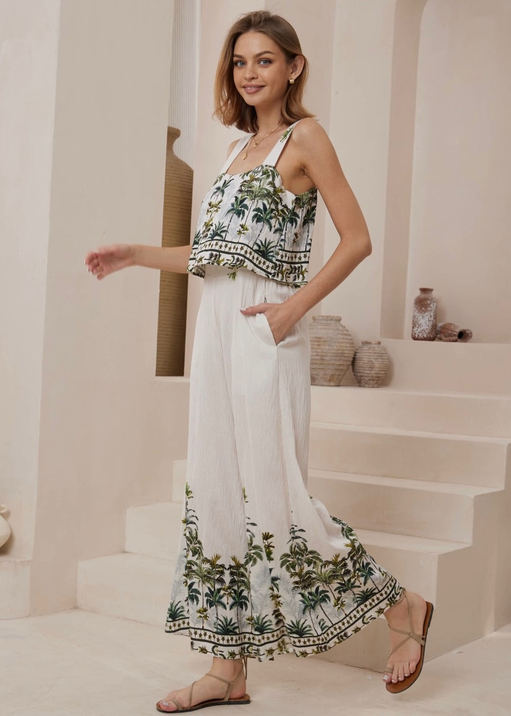 Palm Tree Jump Suit | White