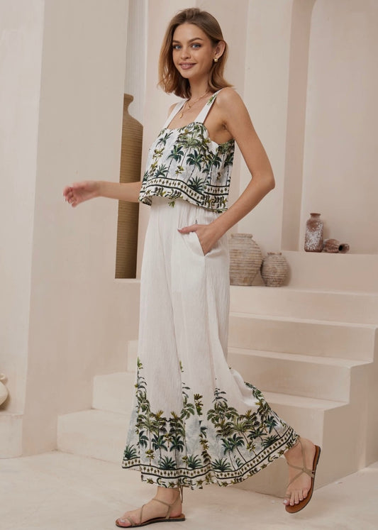 Palm Tree Jump Suit | White