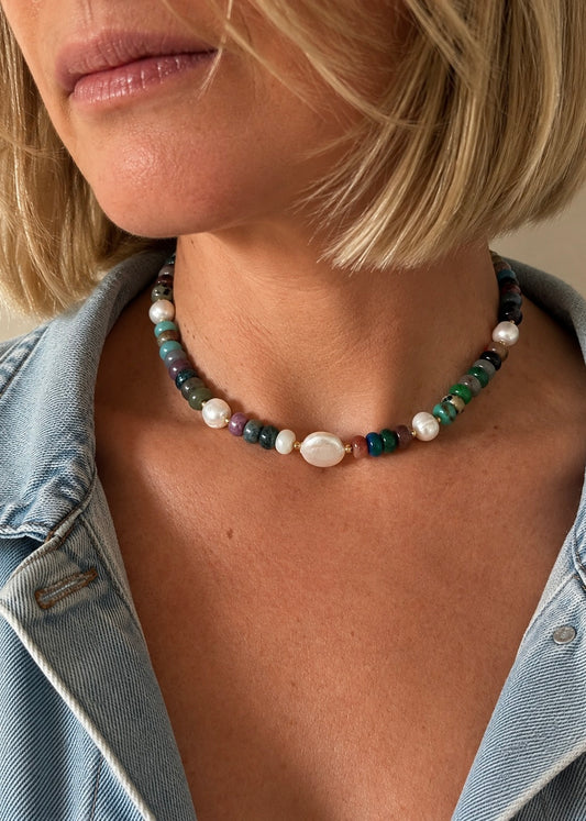 Serafina Necklace | Multi Natural Stone & Freshwater Pearl 40cm