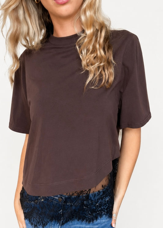 Asym Lace Tee | Choc Black