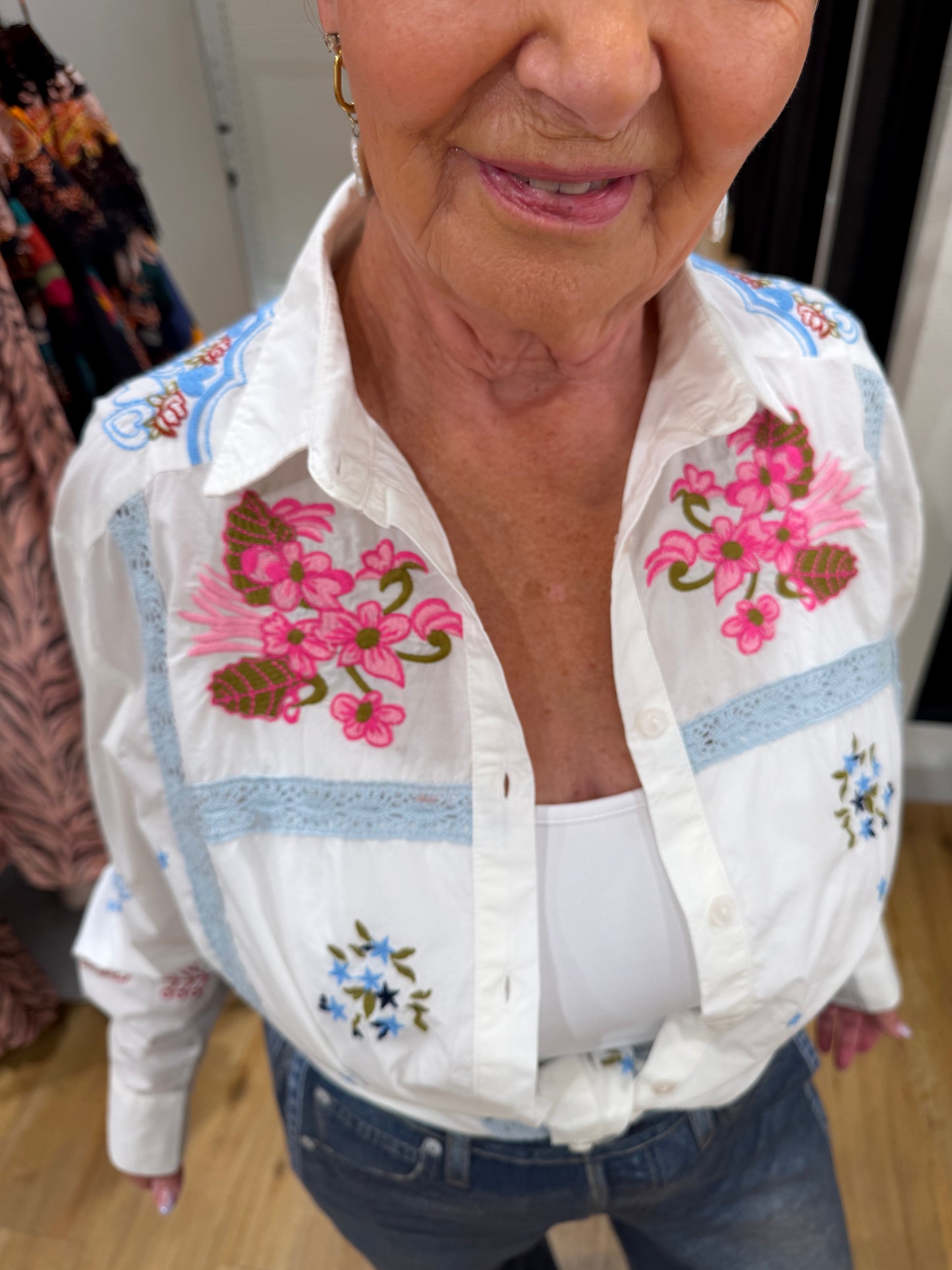 Floral Love Embroidered Shirt | White Blue