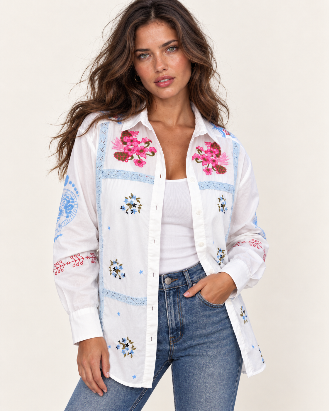 Floral Love Embroidered Shirt | White Blue