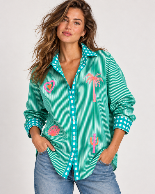 Palm Embroidered Shirt | Green Pink