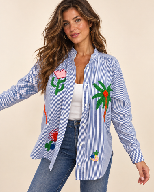 Rainbow Oasis Embroidered Shirt | Blue Green
