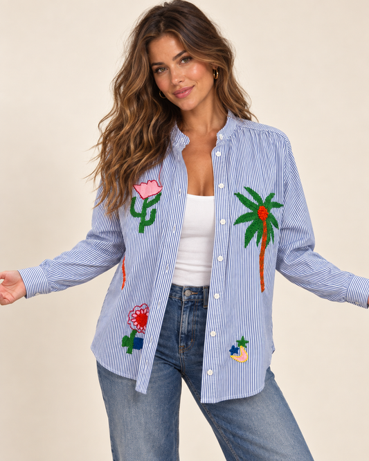 Rainbow Oasis Embroidered Shirt | Blue Green