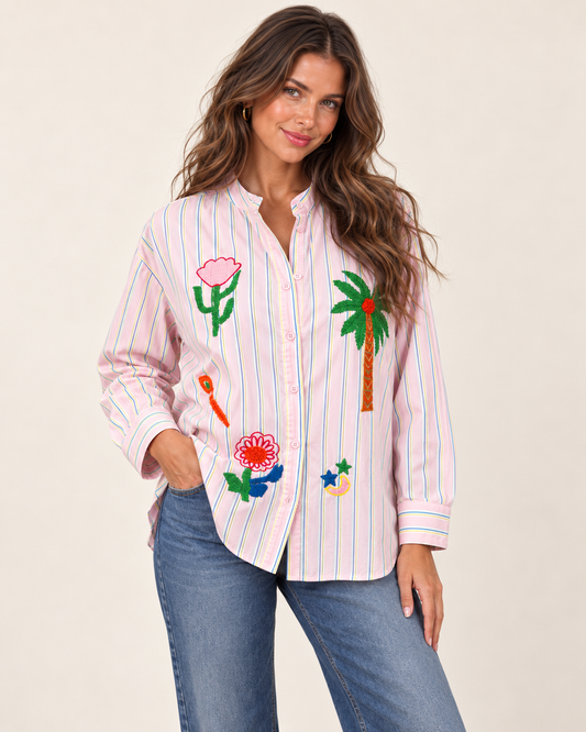 Rainbow Oasis Embroidered Shirt | Pink Blue